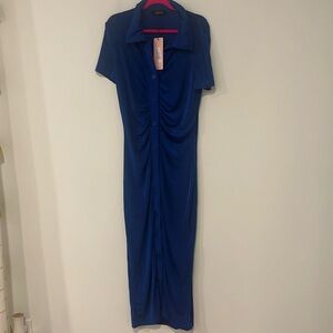 Micas Royal Blue Solid Ruched Button Up Short Sleeve Midi Dress